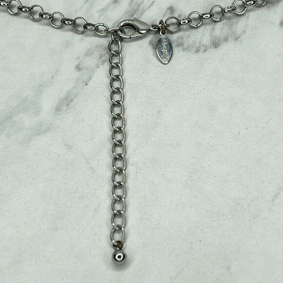 Chico's Silver Tone Chain Link Faux Pearl Rhinestone Pendant Necklace - Picture 4 of 11